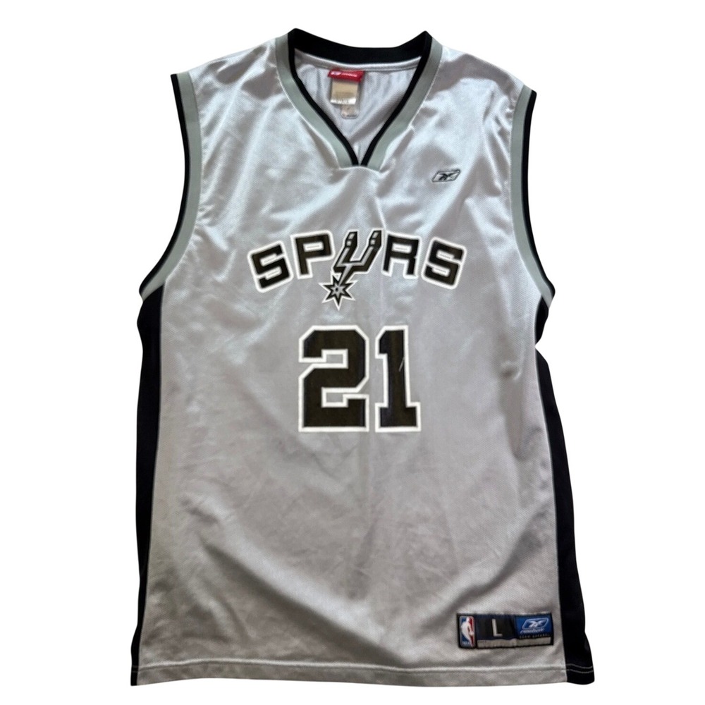 Reebok San Antonio Spurs‎ Tim Duncan 21 NBA Jersey Mens Large Silver 7000A